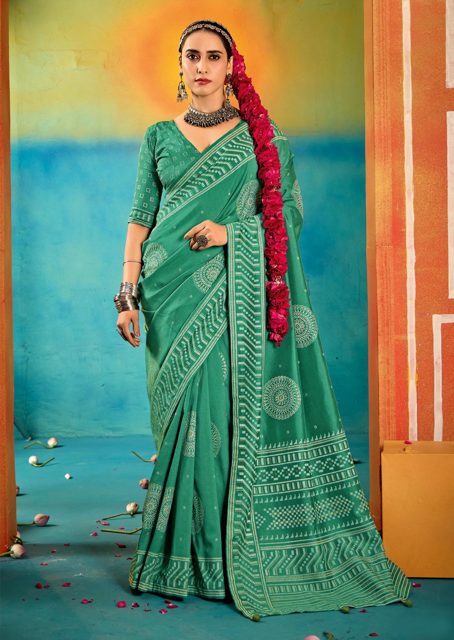 Teal Velvet Tussar Silk Printed Saree