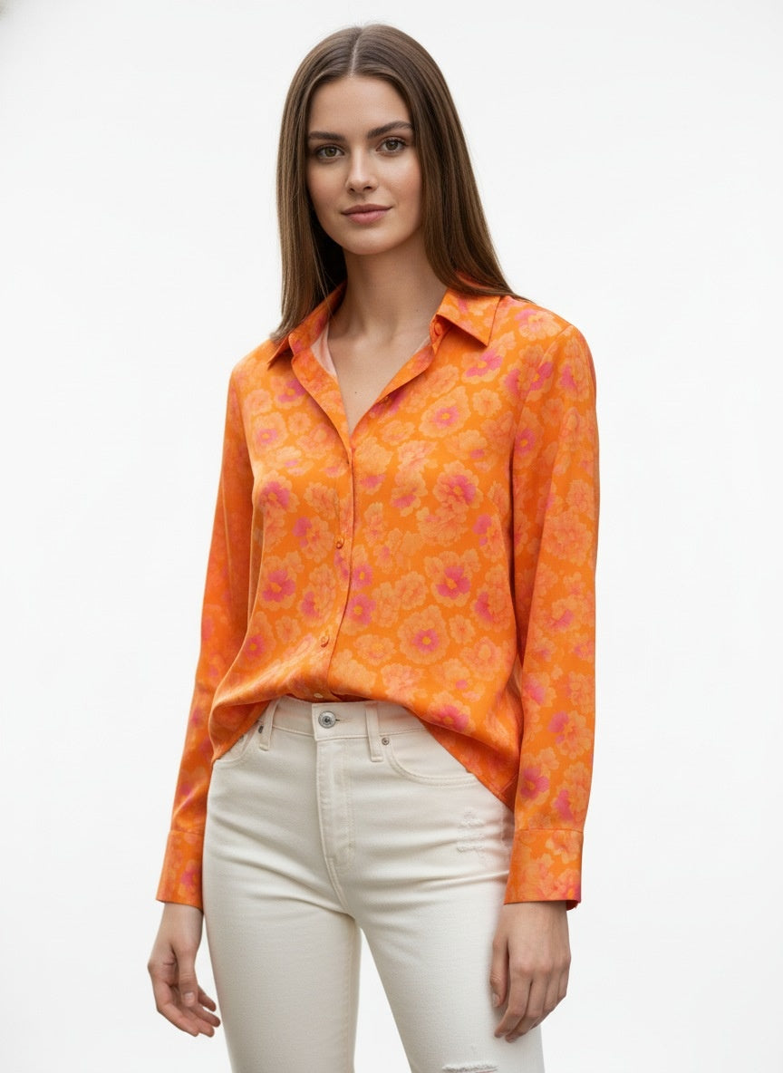 Orange Floral Print Poly Crepe Long Sleeve Shirt