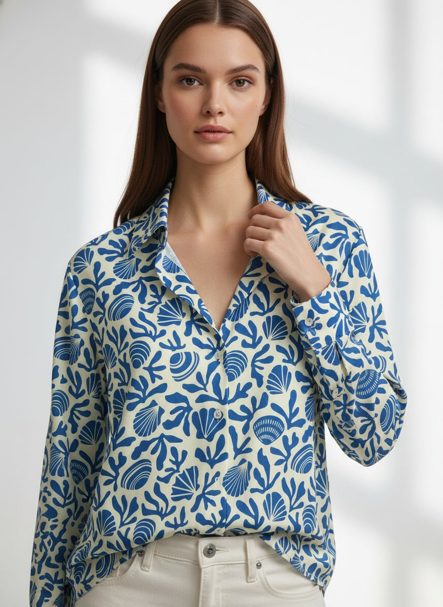 Blue & White Poly Crepe Geometric Printed Shirt