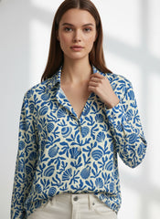 Blue & White Poly Crepe Geometric Printed Shirt