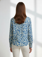 Blue & White Poly Crepe Geometric Printed Shirt