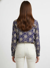 Navy Blue & Cream Poly Crepe Floral Printed Shirt