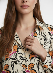 Cream & Orange Poly Crepe Floral Printed Long Sleeves Shirt