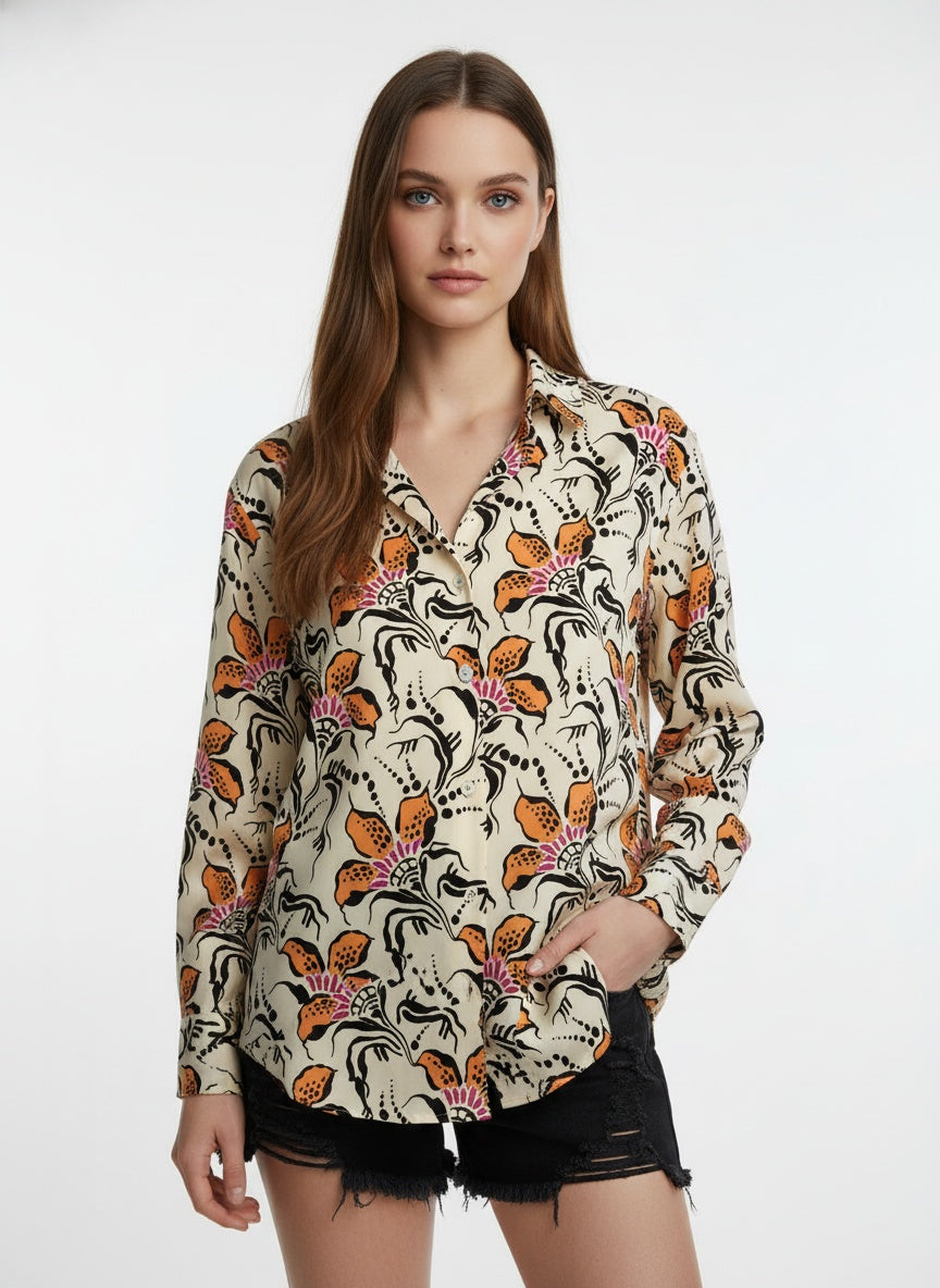 Cream & Orange Poly Crepe Floral Printed Long Sleeves Shirt