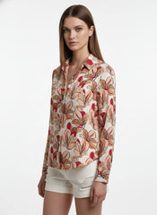 Peach &White Poly Crepe Floral Printed Shirt