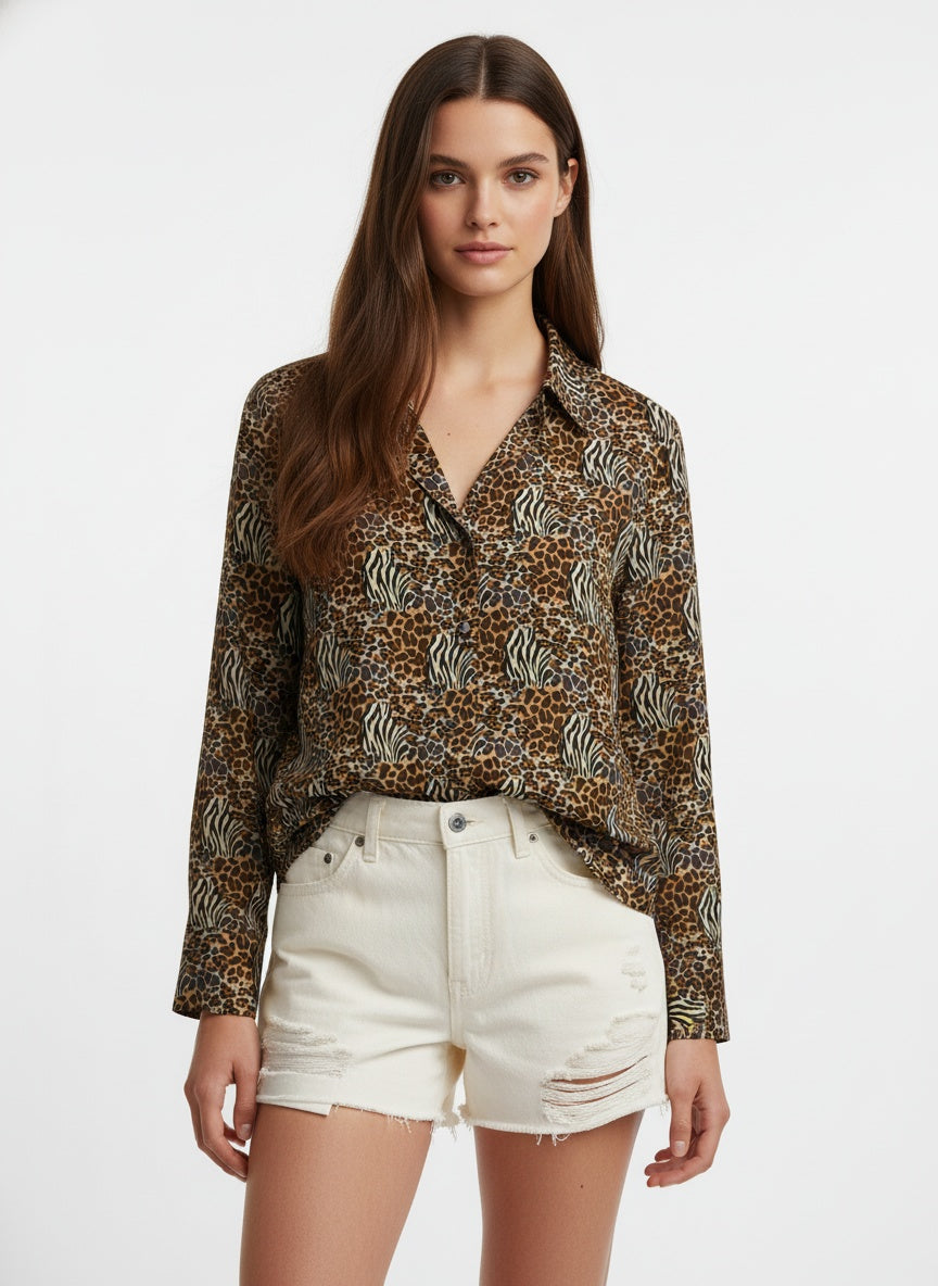 Brown Poly Crepe Animal Printed Shirt
