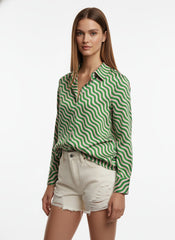 Green & White Poly Crepe Multi Stripes Printed Shirt