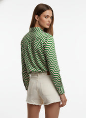 Green & White Poly Crepe Multi Stripes Printed Shirt