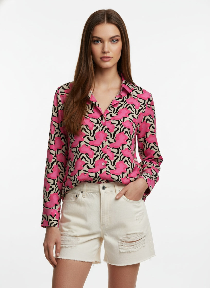 Pink & White Poly Crepe Floral Printed Shirt