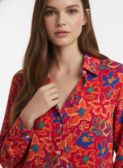 Red & Orange Poly Crepe Floral Printed Shirt