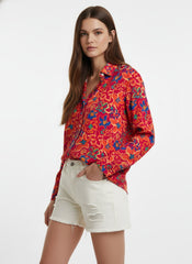 Red & Orange Poly Crepe Floral Printed Shirt
