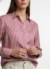 Pastel Yellow & Pink Poly Crepe Vertical Stripes Printed Shirt
