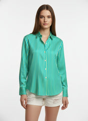 Sky Blue & Green Poly Crepe Vertical Stripes Printed Shirt