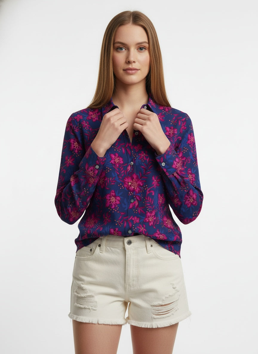 Blue & Pink Poly Crepe Floral Printed Shirt