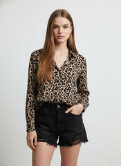 Cream & Black Poly Crepe Animal Printed Shirt