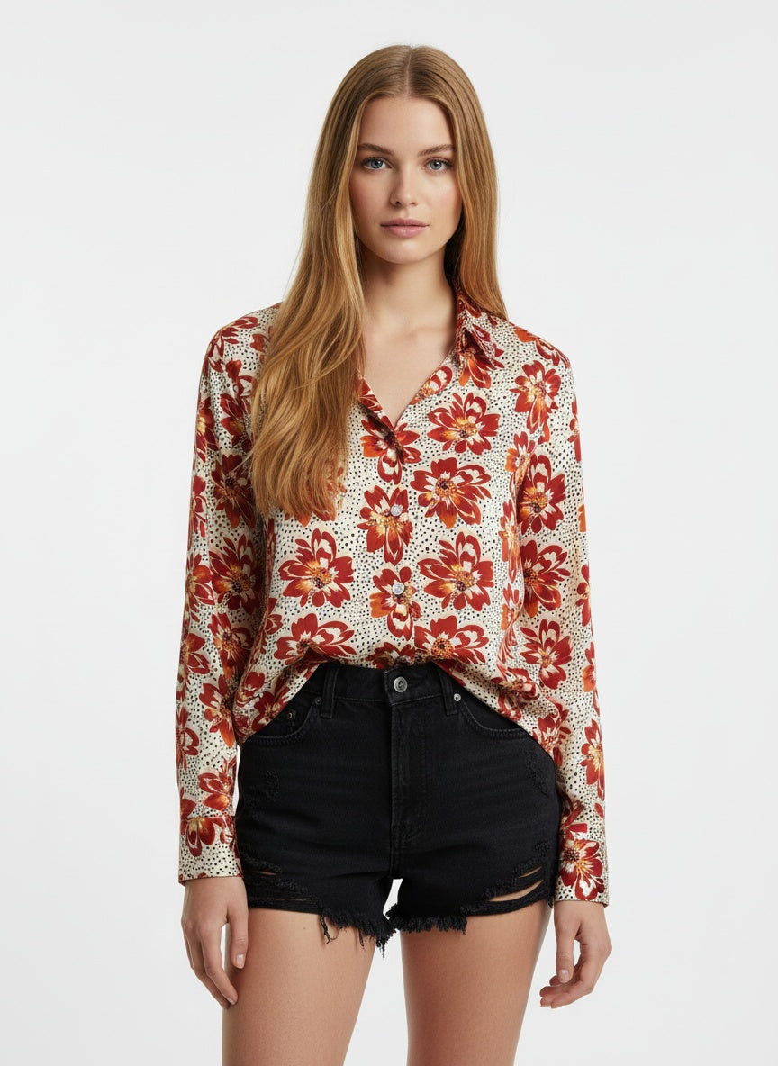 White & Red Poly Crepe Floral Printed Shirt