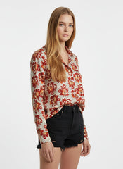 White & Red Poly Crepe Floral Printed Shirt