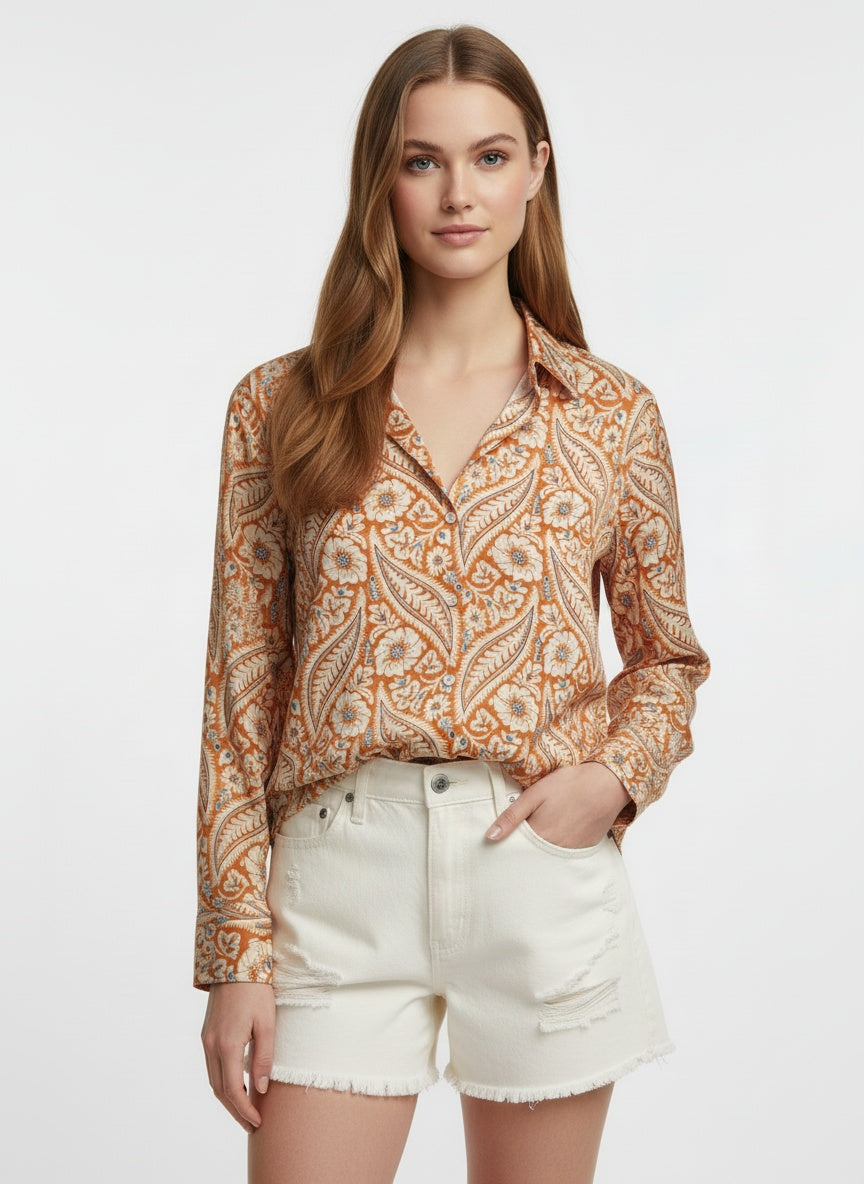 Cream & Orange Poly Crepe Floral Printed Shirt