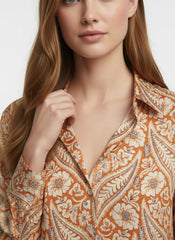 Cream & Orange Poly Crepe Floral Printed Shirt