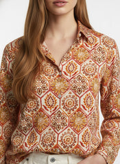 Cream & Red Poly Crepe Floral Printed Shirt