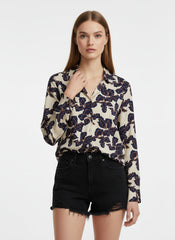 Cream & Navy Blue Poly Crepe Floral Printed Shirt
