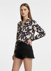 Cream & Navy Blue Poly Crepe Floral Printed Shirt