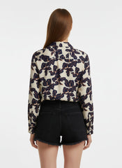 Cream & Navy Blue Poly Crepe Floral Printed Shirt