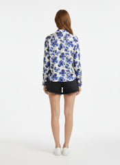 White & Blue Poly Crepe Floral Printed Shirt