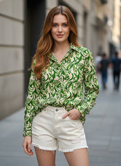 Green Leaf Printed Poly Crepe Women's Shirt