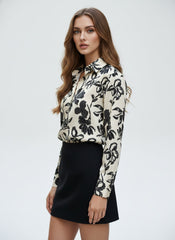 Cream Black Floral Printed Poly Poly Crepe  Women's Shirt
