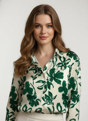 Cream Green Floral Printed Poly Poly Crepe  Women's Shirt