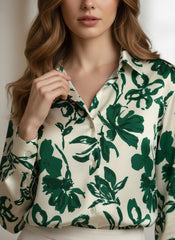 Cream Green Floral Printed Poly Poly Crepe  Women's Shirt
