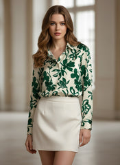 Cream Green Floral Printed Poly Poly Crepe  Women's Shirt