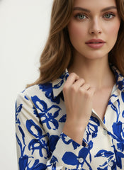Cream Blue Floral Printed Poly Poly Crepe  Women's Shirt