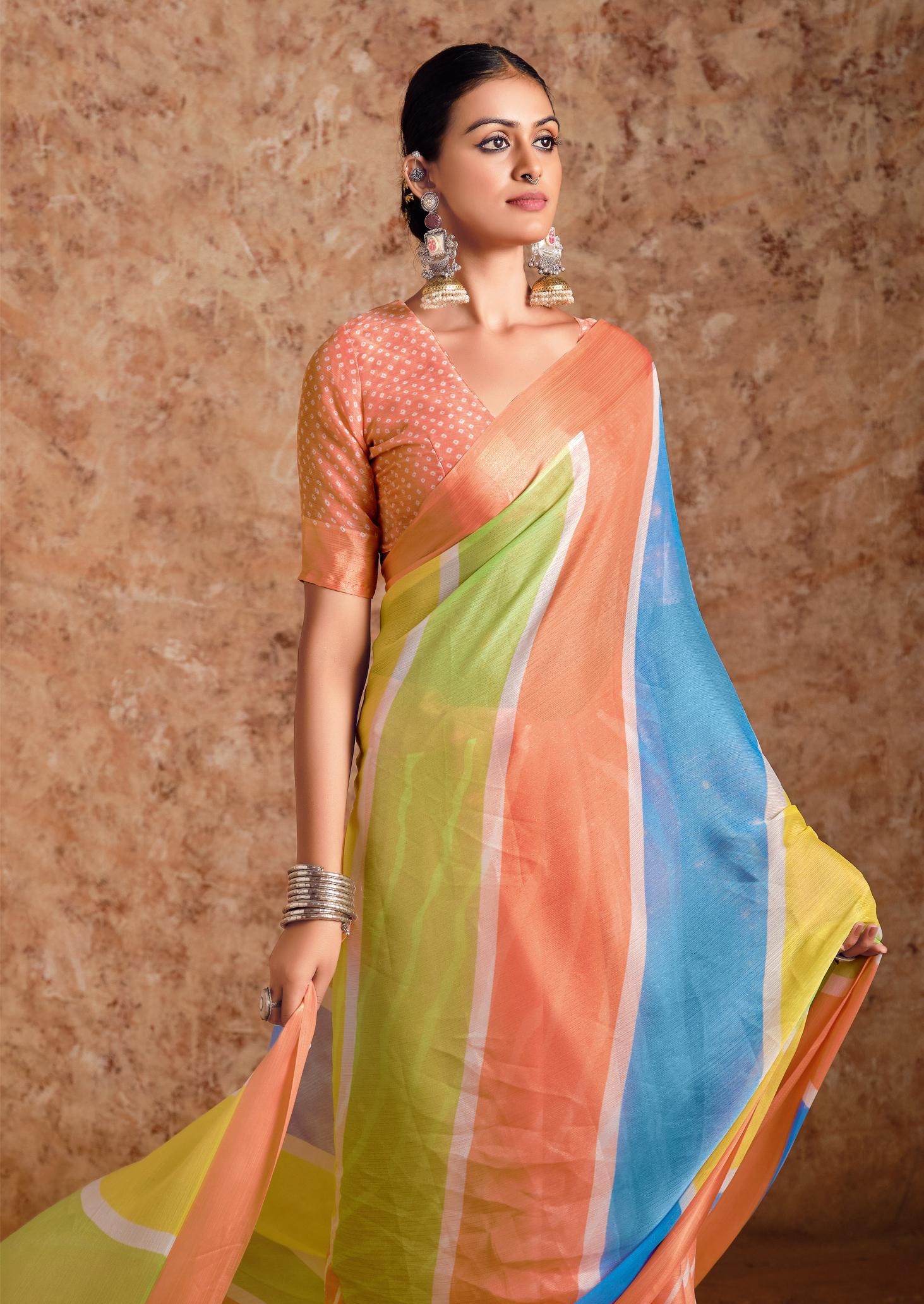 Peach moss chiffon Leheriya Saree