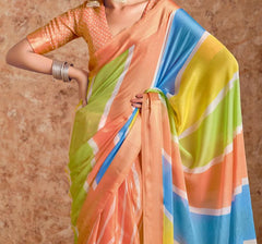 Peach moss chiffon Leheriya Saree