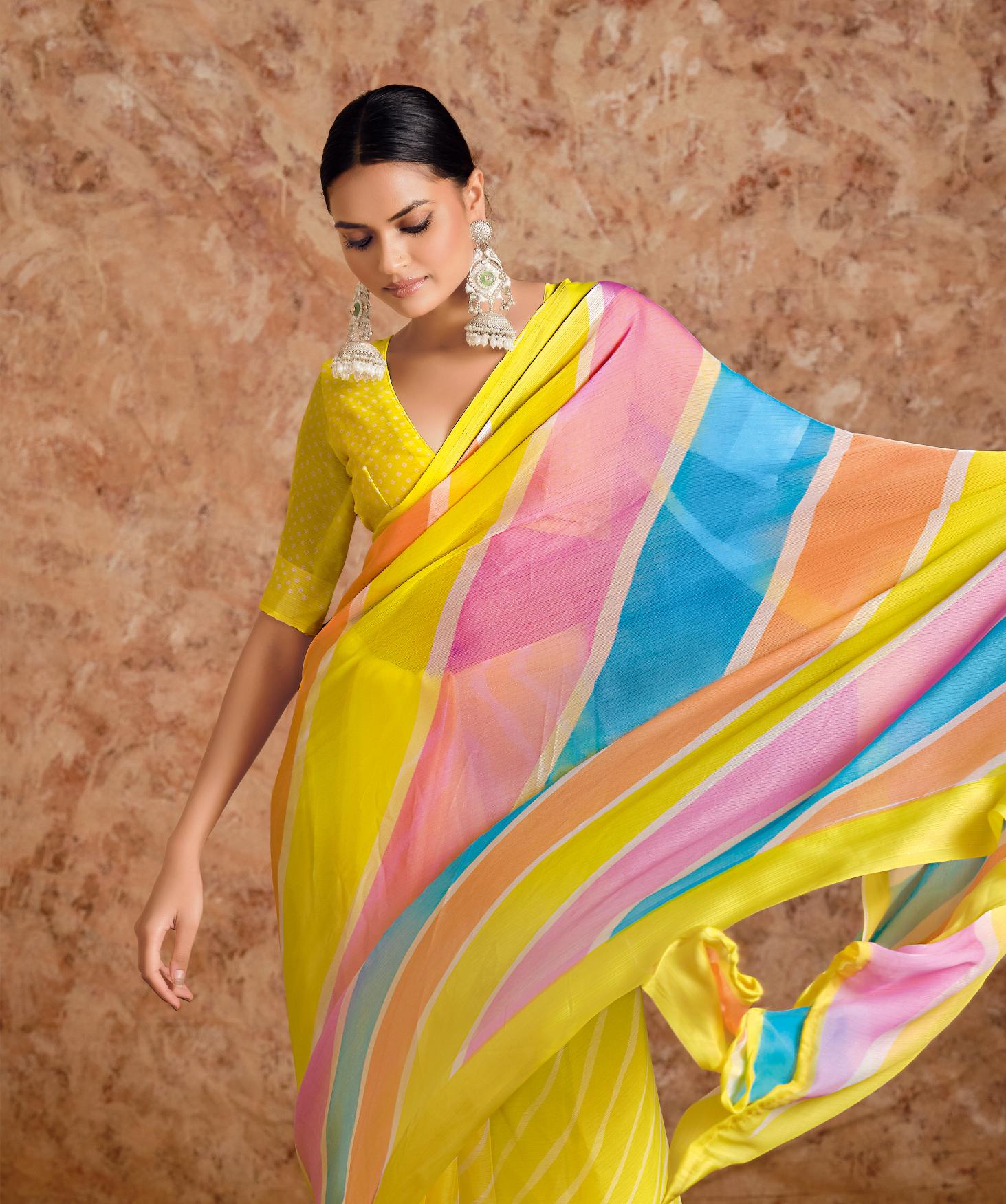 Yellow moss chiffon Leheriya Saree