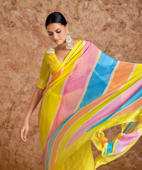 Yellow moss chiffon Leheriya Saree