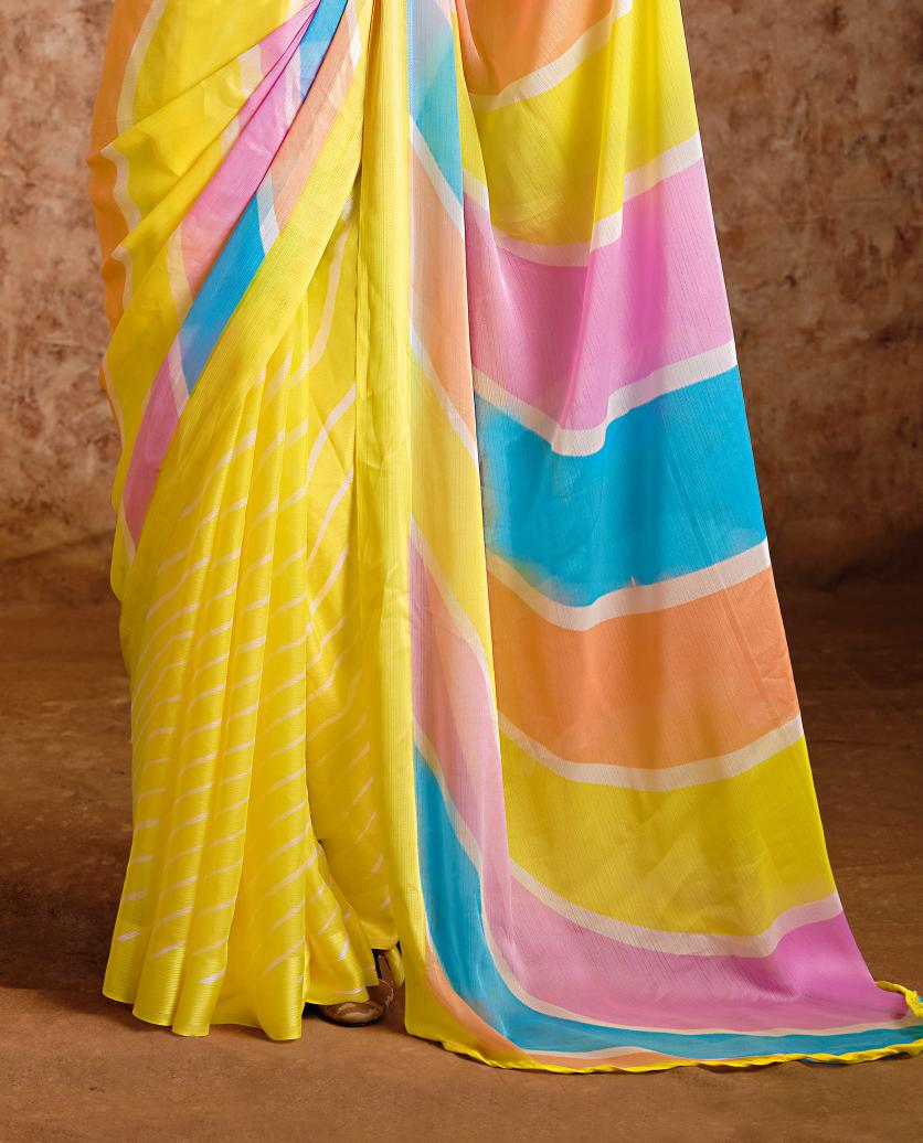Yellow moss chiffon Leheriya Saree