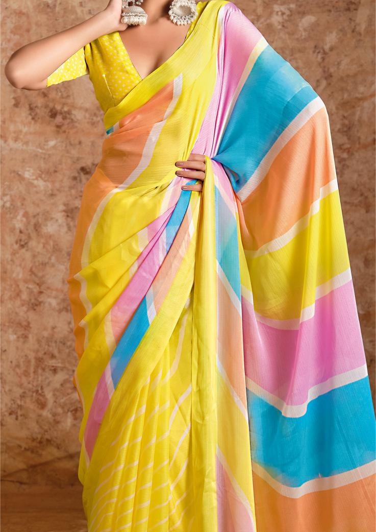 Yellow moss chiffon Leheriya Saree