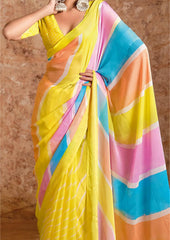 Yellow moss chiffon Leheriya Saree