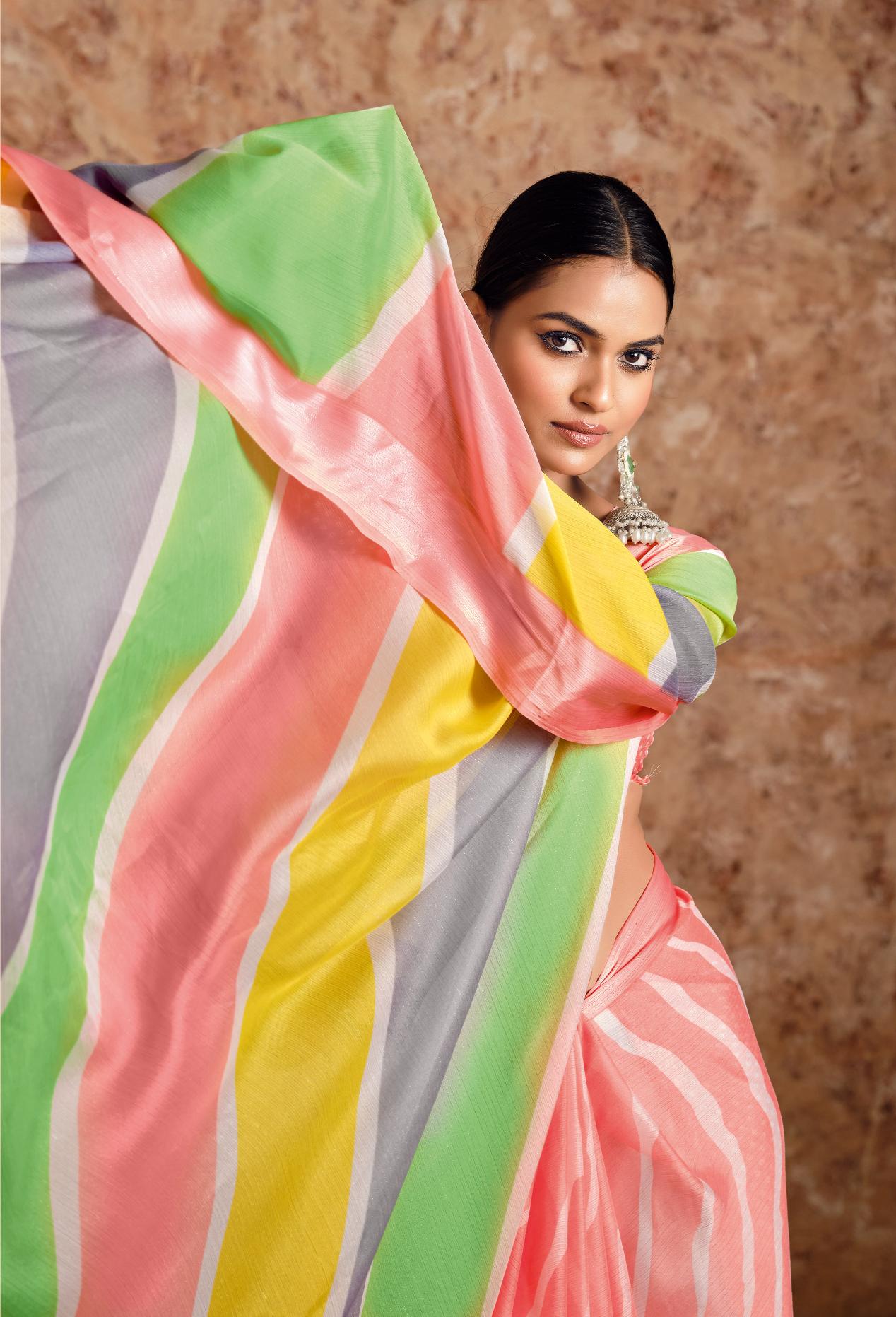 Baby Pink moss chiffon Leheriya Saree