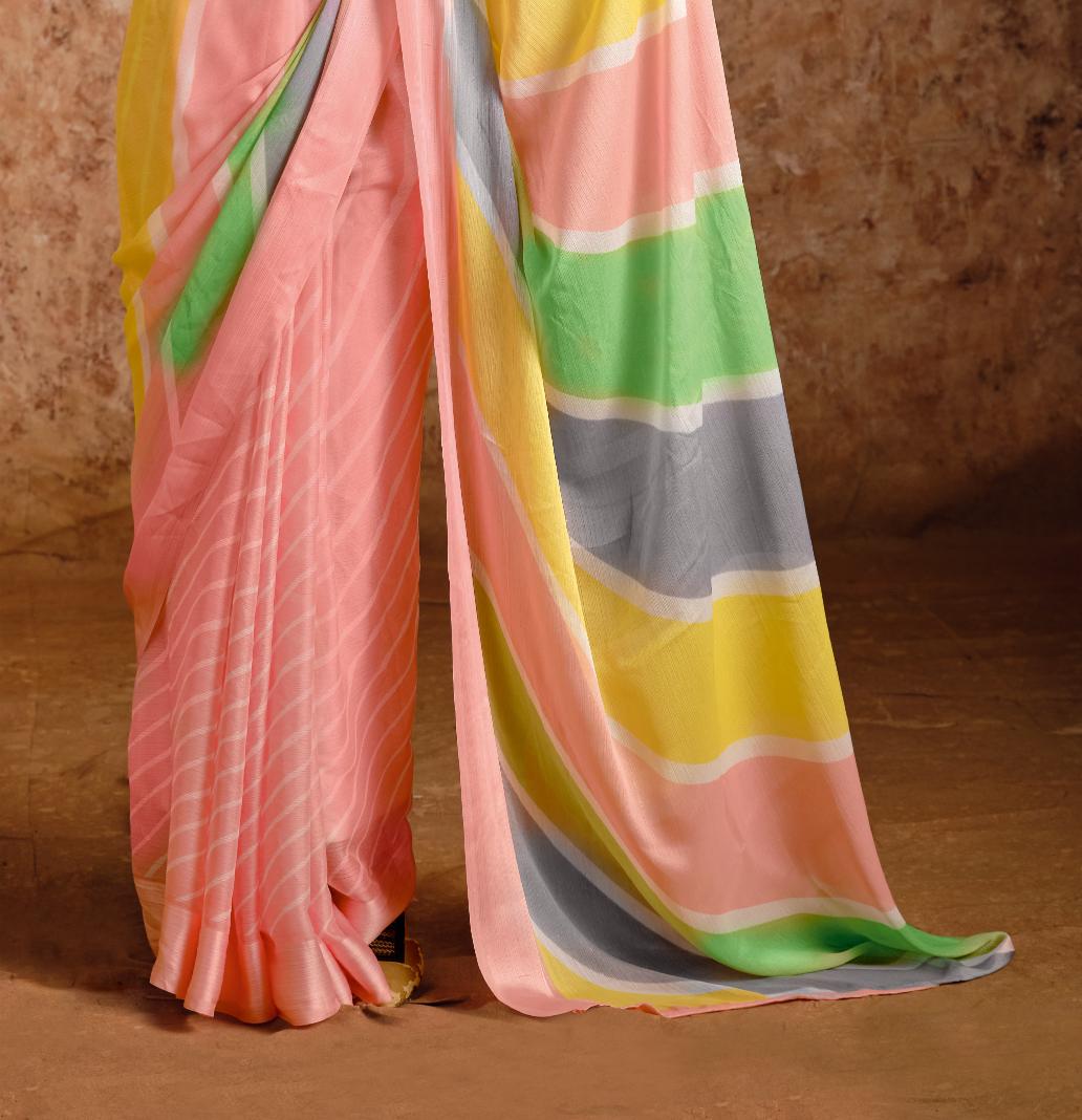 Baby Pink moss chiffon Leheriya Saree