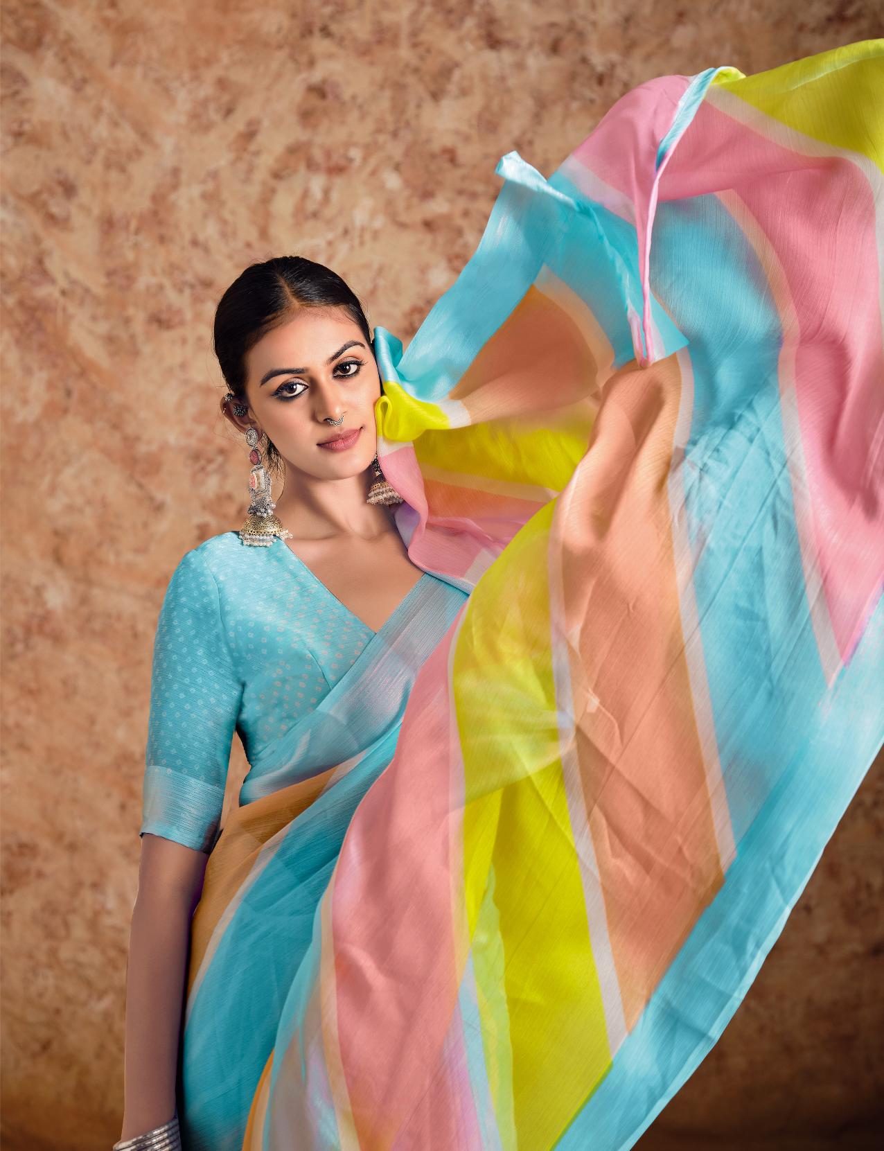 Sky Blue moss chiffon Leheriya Saree