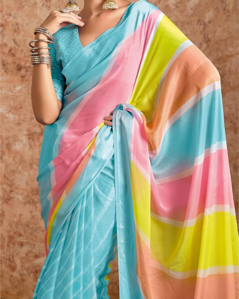 Sky Blue moss chiffon Leheriya Saree