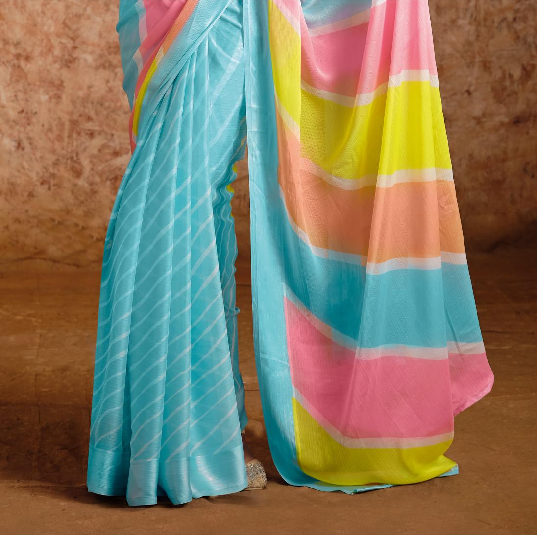 Sky Blue moss chiffon Leheriya Saree