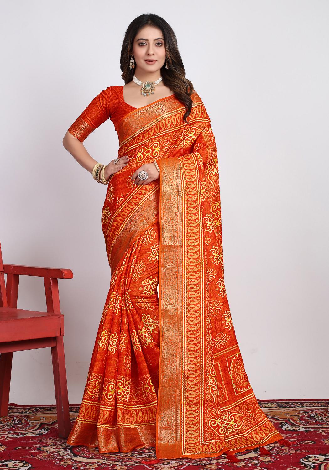 Orange  Printed Saree-SVTRI4001