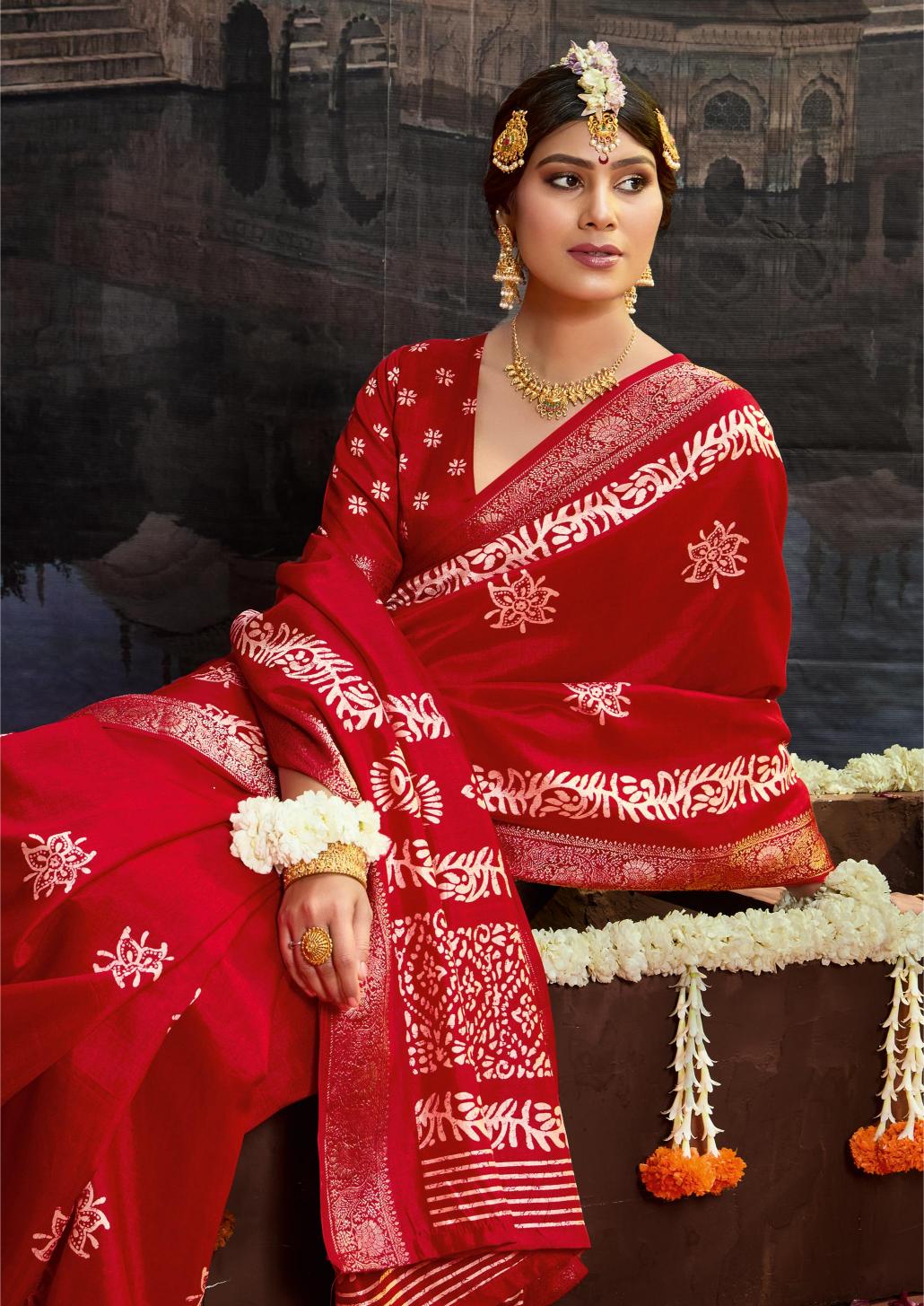 Red Velvet Silk Batik Print Saree