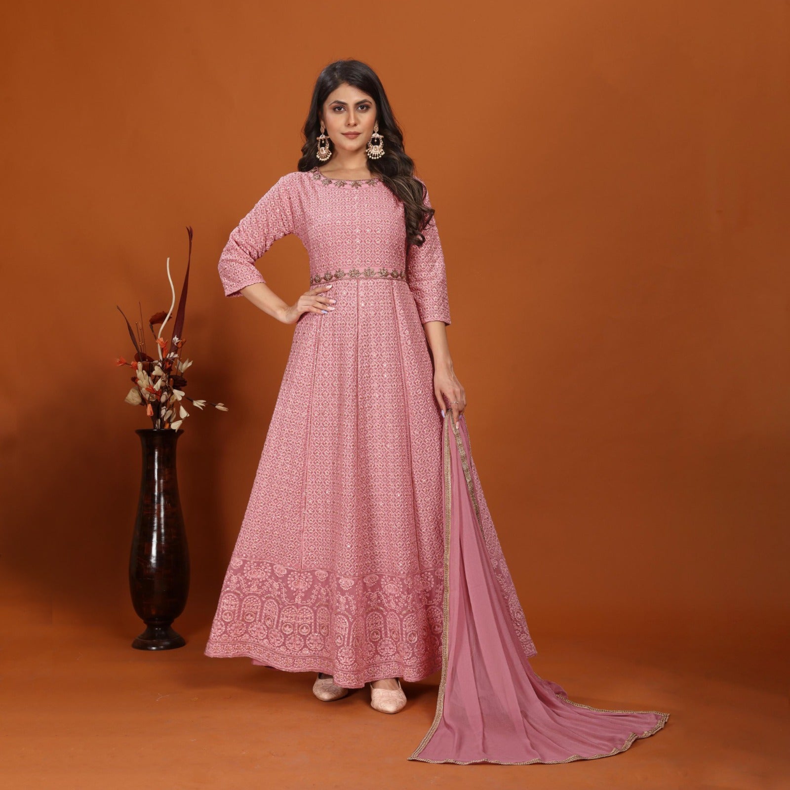 Pink Colored Faux Georgette Designer Embroidery Work Flared Gown With Dupatta