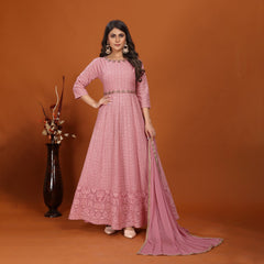 Pink Colored Faux Georgette Designer Embroidery Work Flared Gown With Dupatta